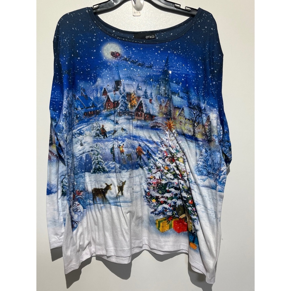 Erika Womens 2X Christmas Winter Village Rhinestone Long Sleeve Top Blue White